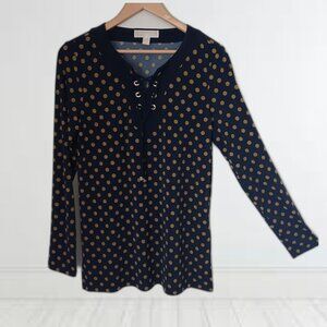 Michael Kors blouse with monogram, long sleeved, tie front design, size small